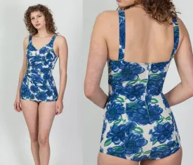 50s 60s Catalina Blue Floral Skirt Swimsuit - Extra Small