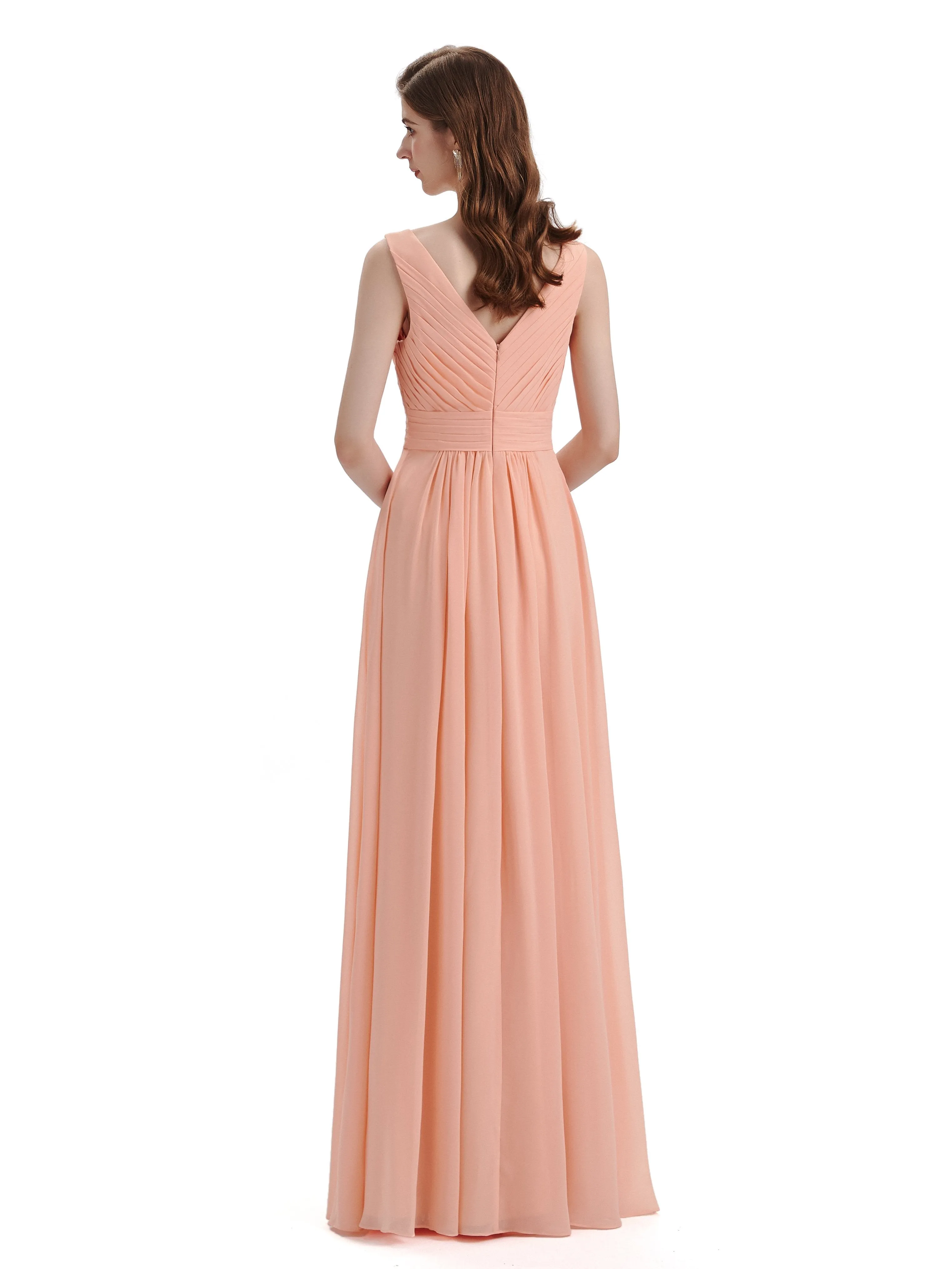 A-Line V-Neck Pleats Chiffon Long Bridesmaid Dresses