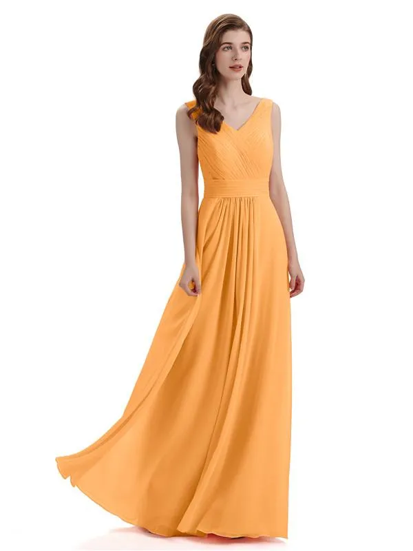 A-Line V-Neck Pleats Chiffon Long Bridesmaid Dresses