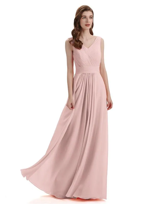 A-Line V-Neck Pleats Chiffon Long Bridesmaid Dresses