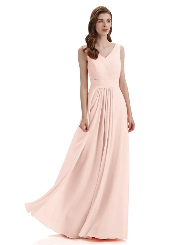 A-Line V-Neck Pleats Chiffon Long Bridesmaid Dresses