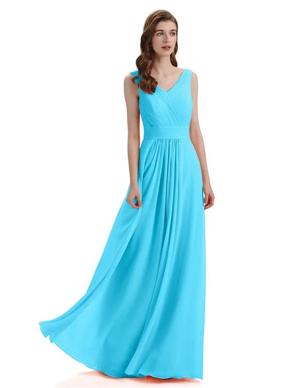 A-Line V-Neck Pleats Chiffon Long Bridesmaid Dresses