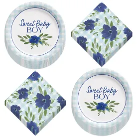 Baby Shower Party Baby In Bloom Blue Gingham & Floral Paper Dessert Plates and Beverage Napkins (Serves 16)