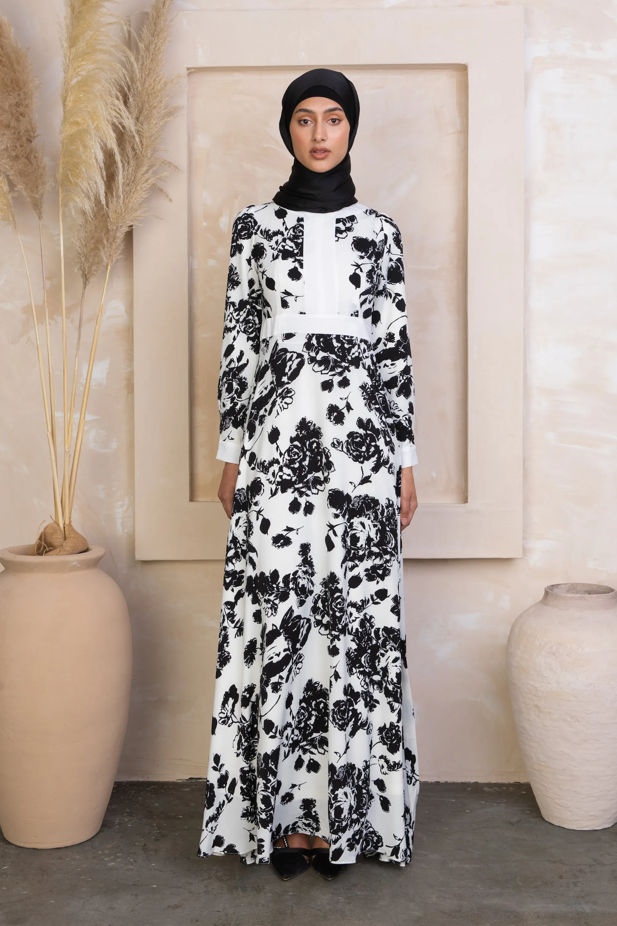 Black and White Floral Maxi Dress With Sleeves-CLEARANCE