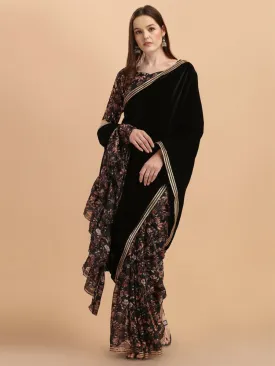 Black Floral Gotta Patti Velvet Saree