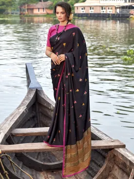 Black Print Chiffon Sarees for Women With Blouse