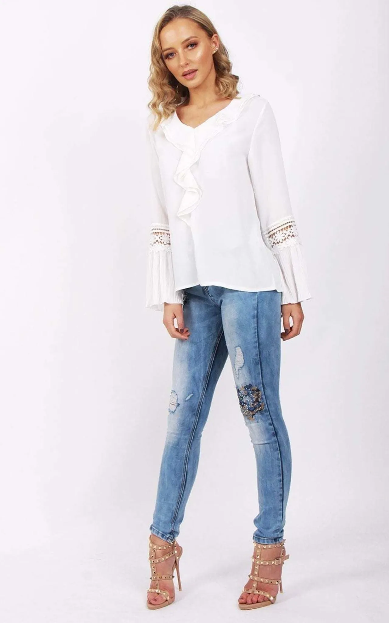 Blouson Ruffle Lace Applique Sleeve Blouse Top