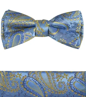 Blue and Gold Boys Bow Tie and Pocket Square Set, Pre-tied