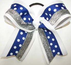 Blue Polka Dots Silver White Ponytail Bow