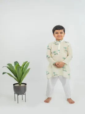 Boys Pale Yellow Printed Muslin Kurta Pajama Set (Set of 2)