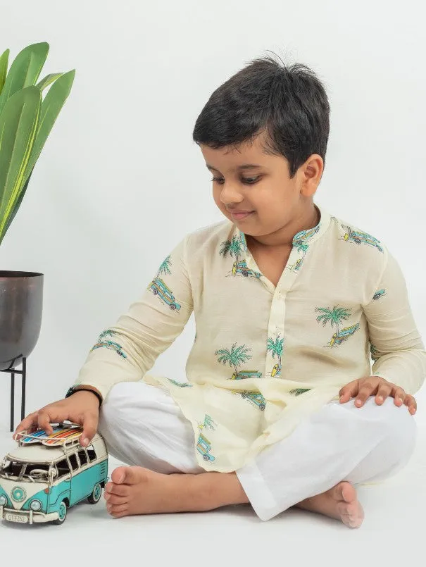 Boys Pale Yellow Printed Muslin Kurta Pajama Set (Set of 2)