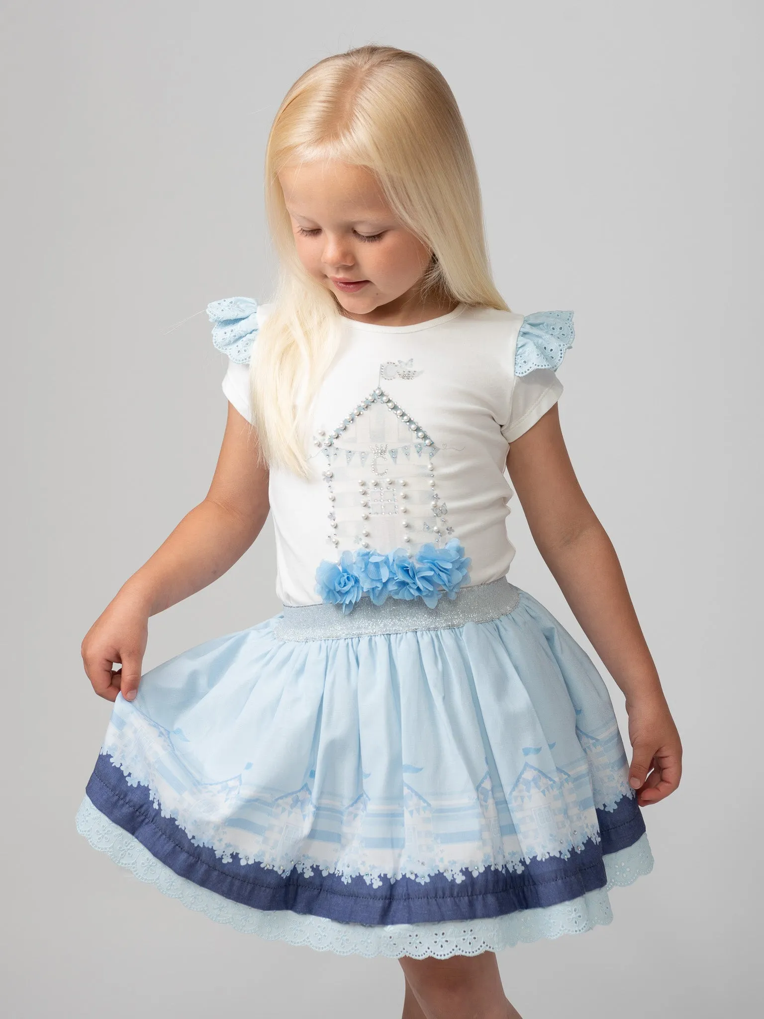 Caramelo Kids Blue 'Beach Hut' Skirt Set with Broderie Trim