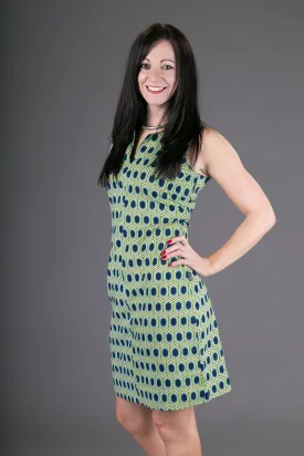 Classic Sheath Cotton Dress Blue Yellow Geometric Print