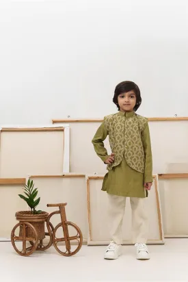 Cocomelon- Green Chanderi Silk Embroidered Collared Jacket with Kurta & Pyjama Set for Boys