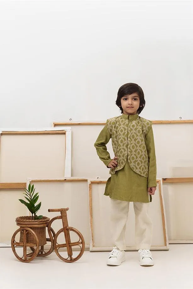 Cocomelon- Green Chanderi Silk Embroidered Collared Jacket with Kurta & Pyjama Set for Boys