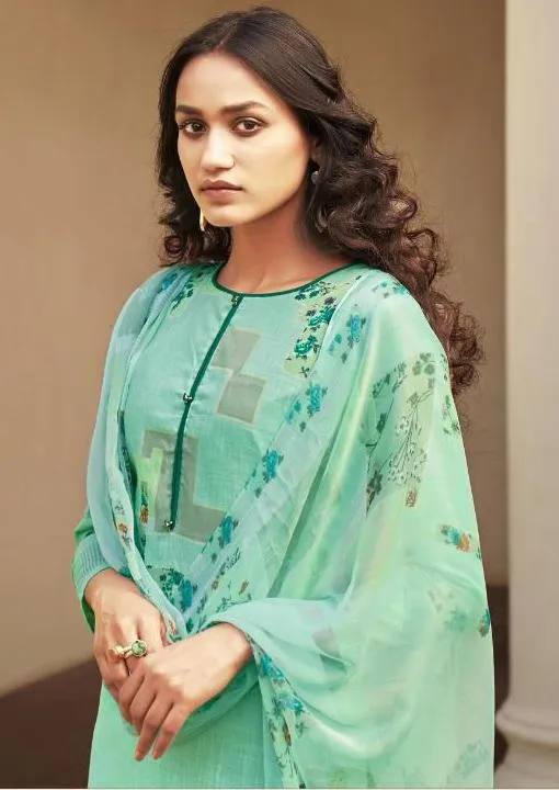 Cotton Linen Green Unstitched Suit With Chiffon Dupatta