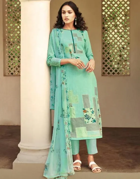 Cotton Linen Green Unstitched Suit With Chiffon Dupatta