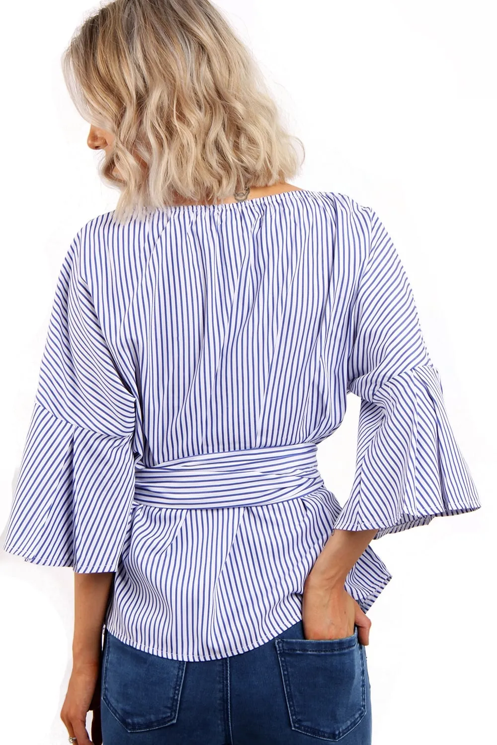 Cross Front Ruffle Sleeve Pin Stripe Bow Top