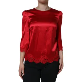 Dolce & Gabbana Red Satin Lace Trim Round Neck Blouse Top