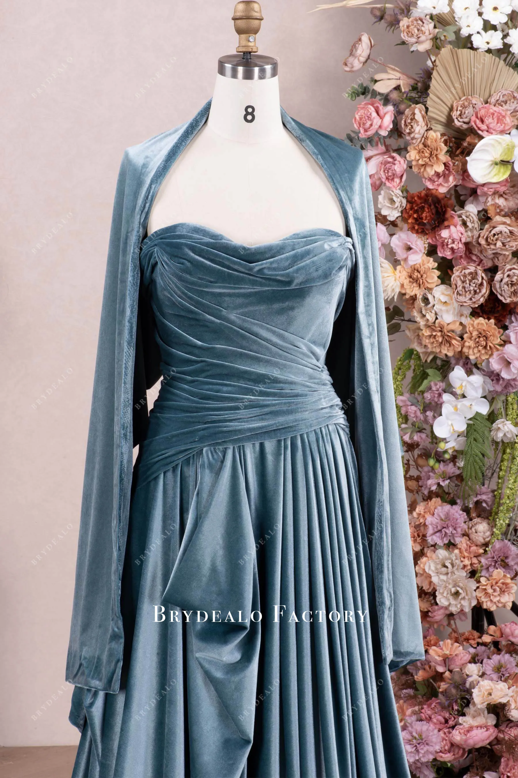 Dusty Blue Draped Velvet Mother of Bride Dress With Shawl