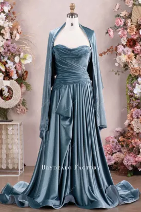 Dusty Blue Draped Velvet Mother of Bride Dress With Shawl