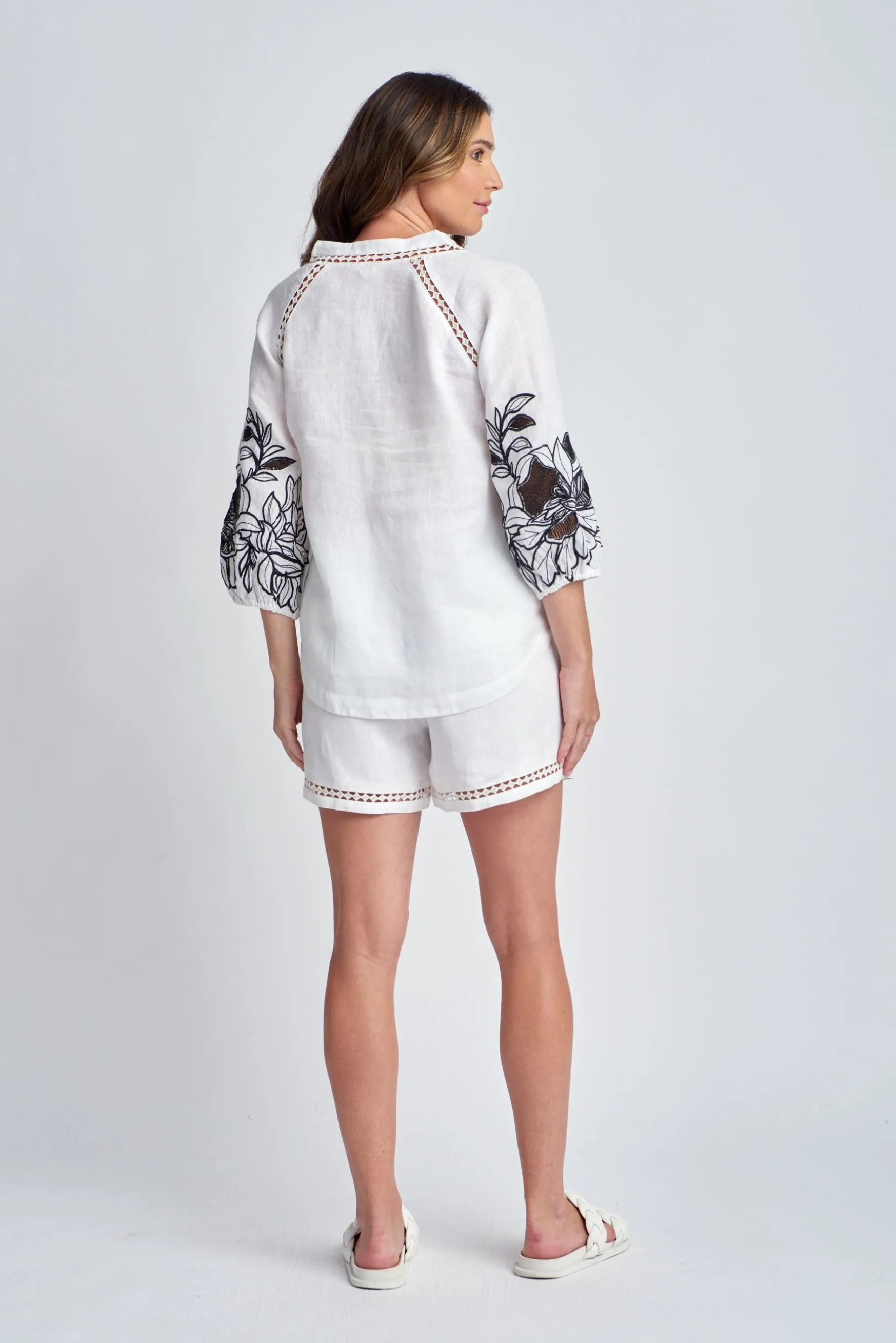 Embroidered Sleeve Linen Blouse With Lace Inserts White/Smoke