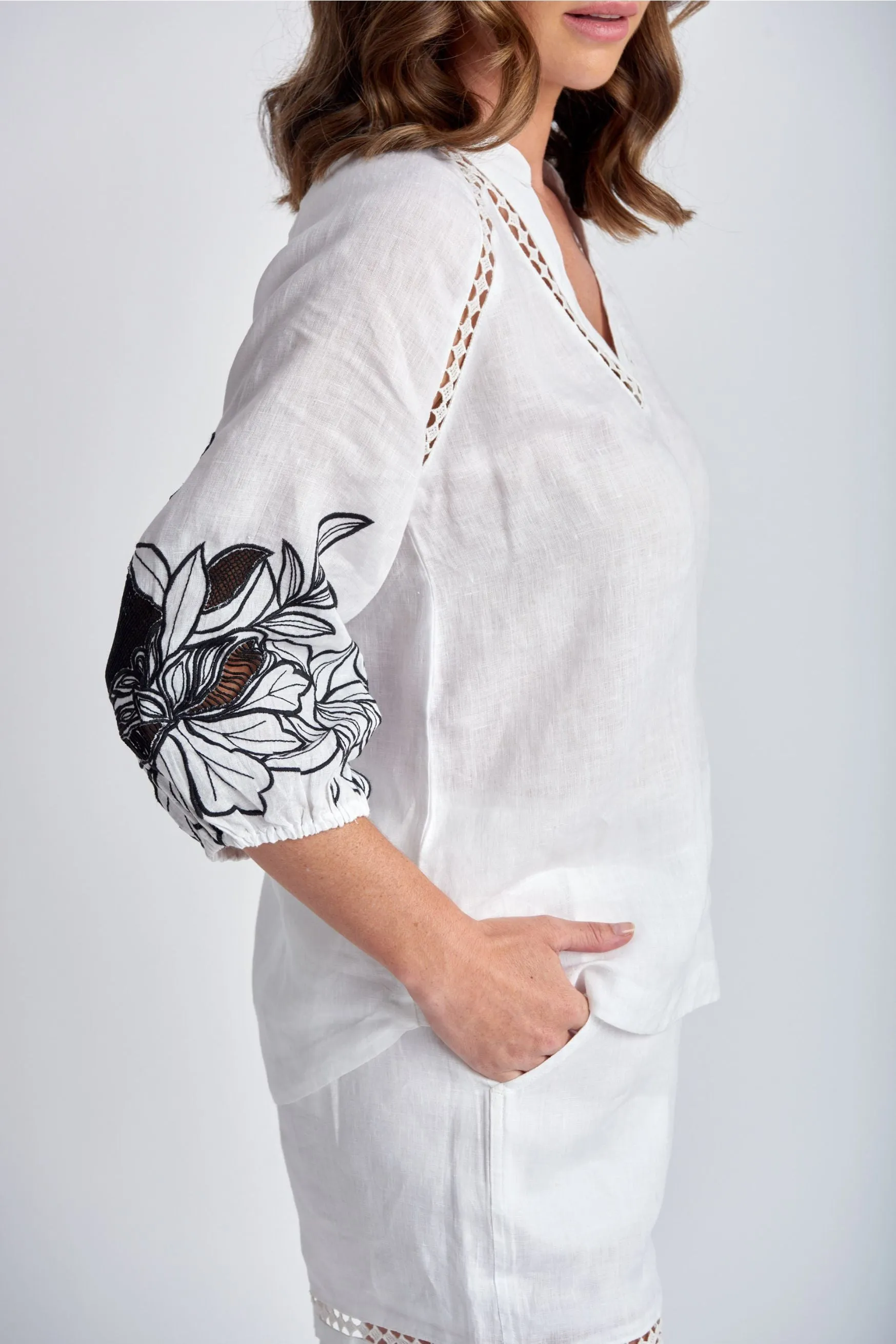 Embroidered Sleeve Linen Blouse With Lace Inserts White/Smoke