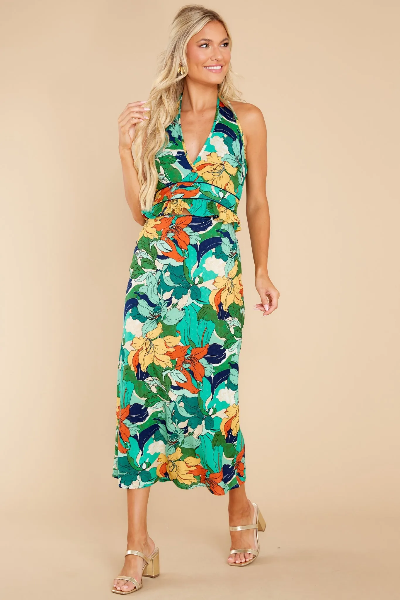 Erica Green Floral Midi Slip Skirt