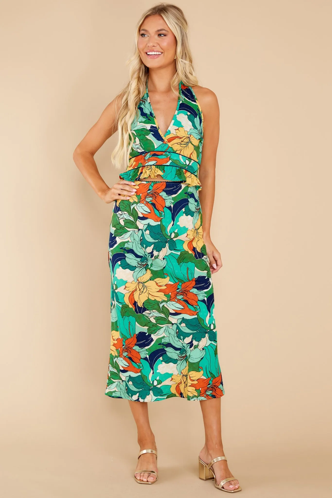 Erica Green Floral Midi Slip Skirt