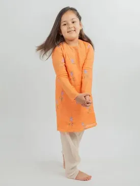 Girls Orange Printed Muslin Dhoti Kurta Set (Set of 2)