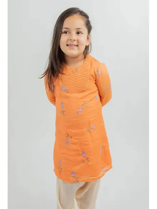 Girls Orange Printed Muslin Dhoti Kurta Set (Set of 2)