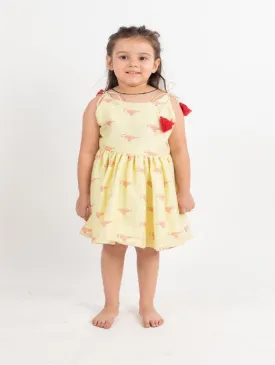 Girls Yellow Block Printed Cotton Gathered Dress