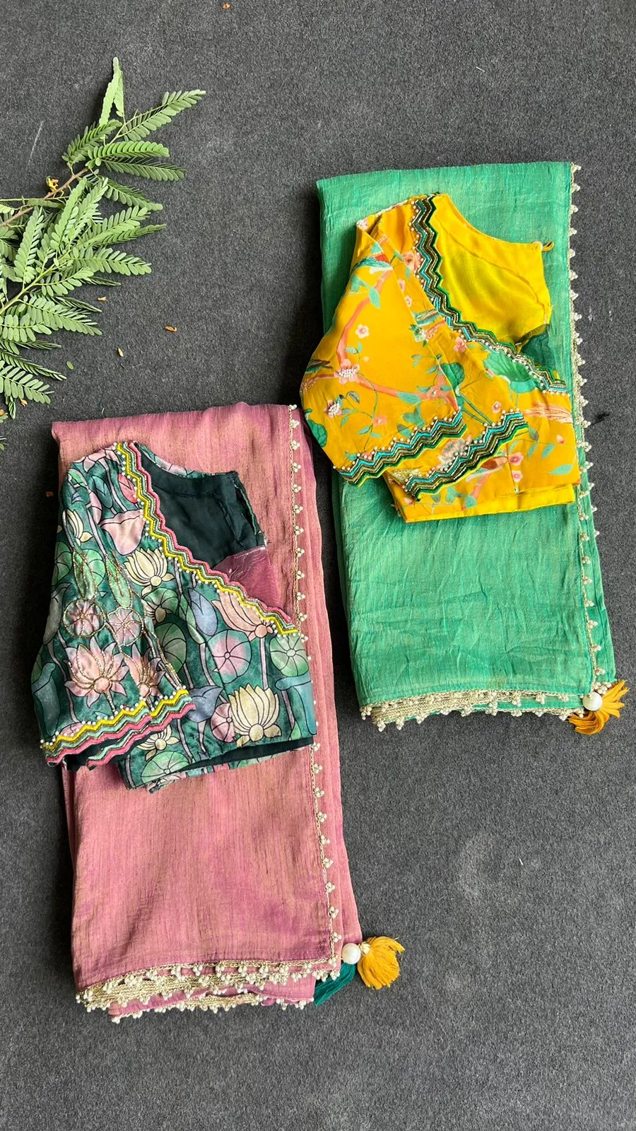 Green tissue saree with yellow floral hand worked blouse