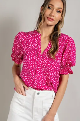 Hot Pink Heart Pattern Printed Blouse