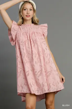 Jacquard Lace Short Sleeve Pink Ruffle Dress