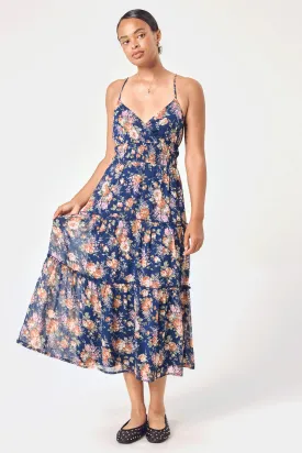 Navy Floral Tiered Midi Dress