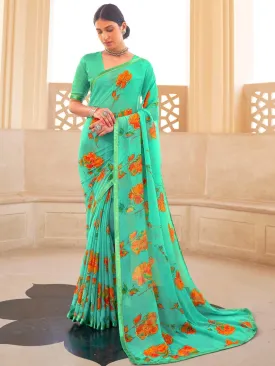 New Women's Green Printed Georgette Sarees with Lace