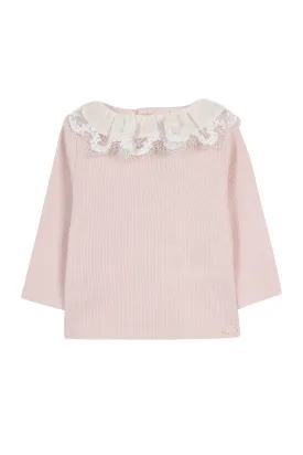 Pale Pink Lace Collar Ribbed Baby Sweater