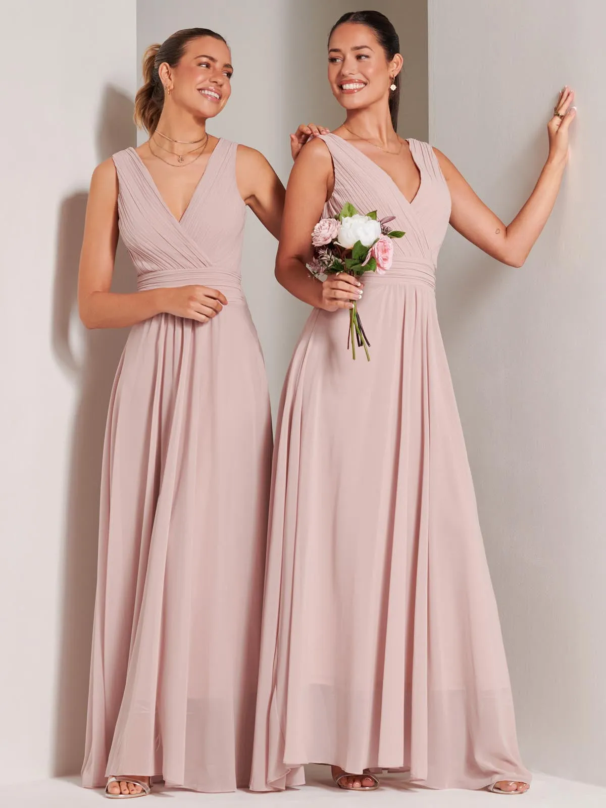 Pleated Bodice Chiffon Maxi Dress, Dusty Pink