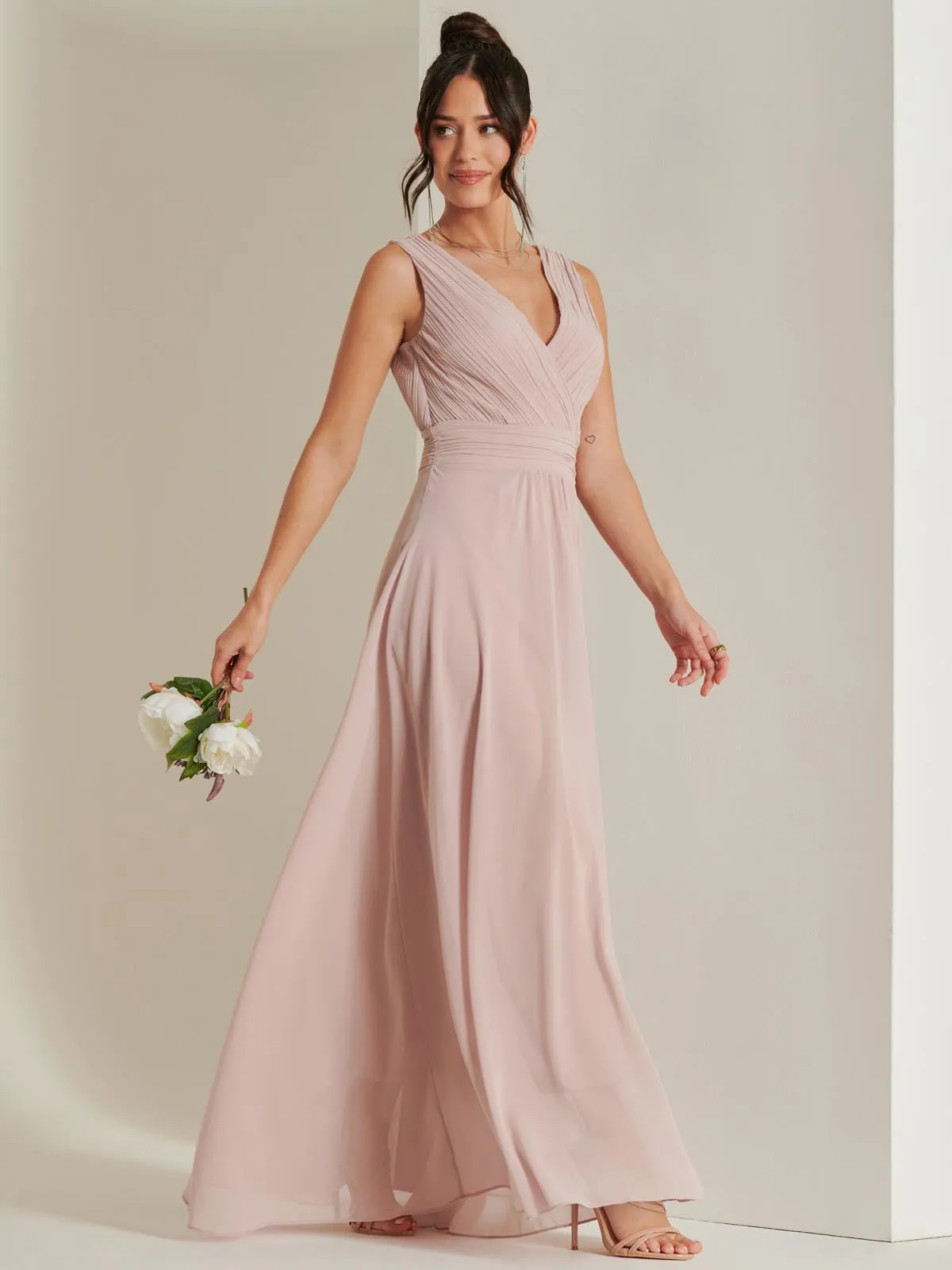 Pleated Bodice Chiffon Maxi Dress, Dusty Pink