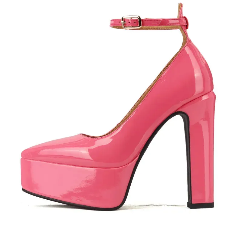 Pre Order:  Ankle Strap Thick Heel Patent Platform Shoes