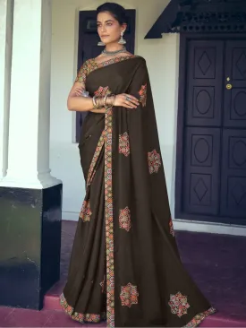 Pure Chiffon Brown Printed Saree with Designer Blouse