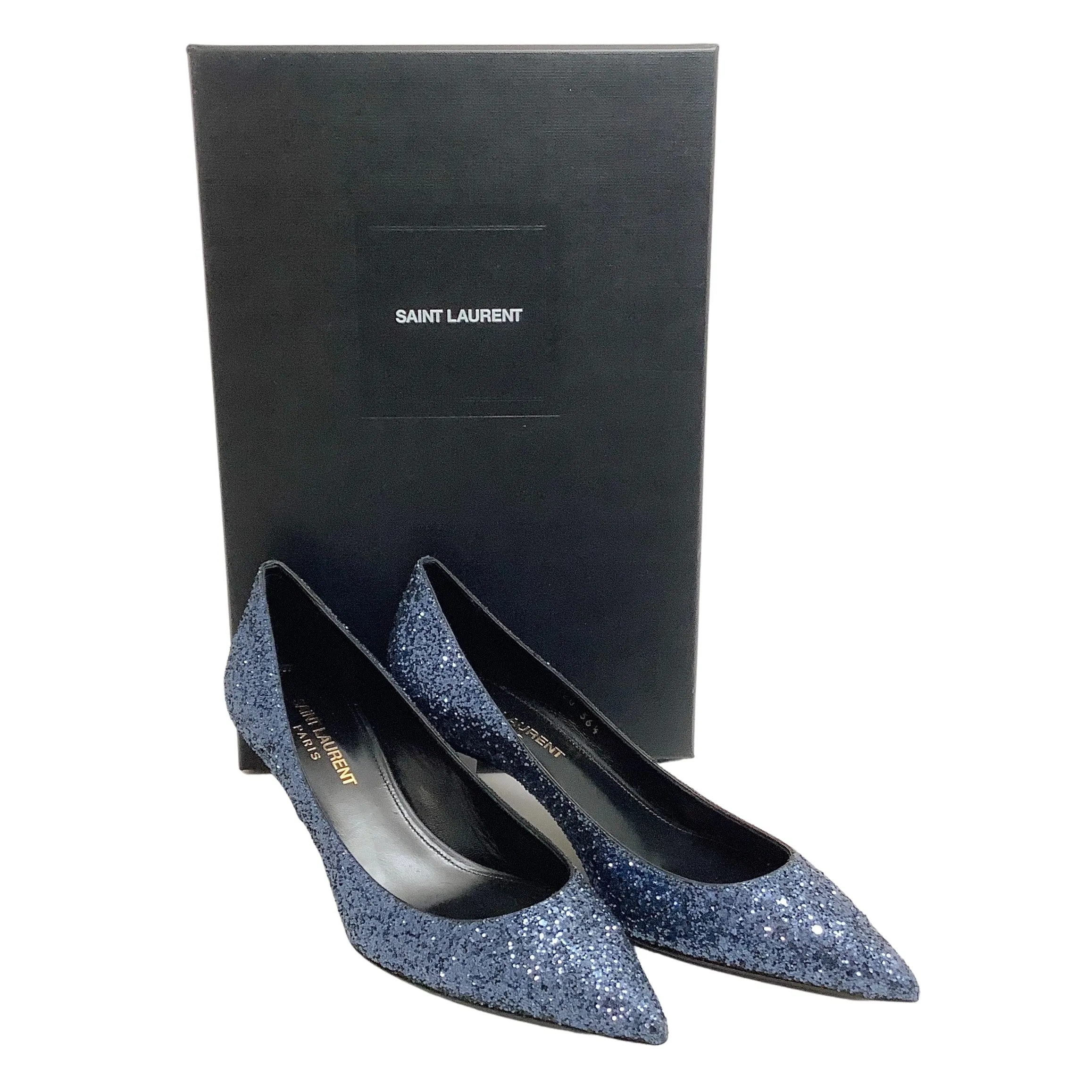 Saint Laurent Navy Blue Glitter Charlotte Pumps