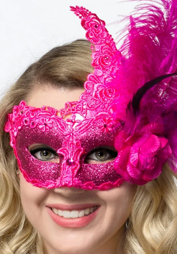 Side Feather Hot Pink Lace and Glitter Masquerade Mask