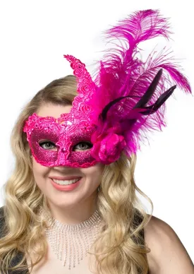 Side Feather Hot Pink Lace and Glitter Masquerade Mask