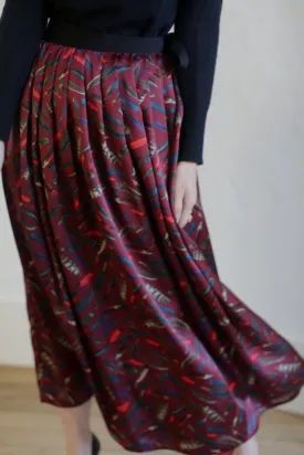 Silk Charmeuse Pleated Wrap Skirt | Feather Print Burgundy