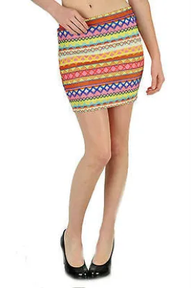 Skirt Mini Ikat Colorful Pastel Zig Zag Embroidered Woven Summer Stretch