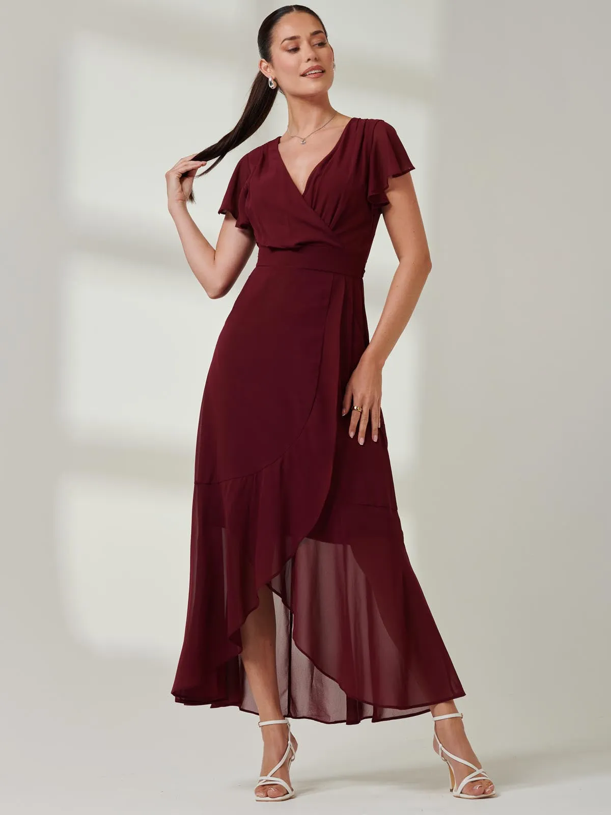 Vicky Chiffon Frill Maxi Dress, Burgundy