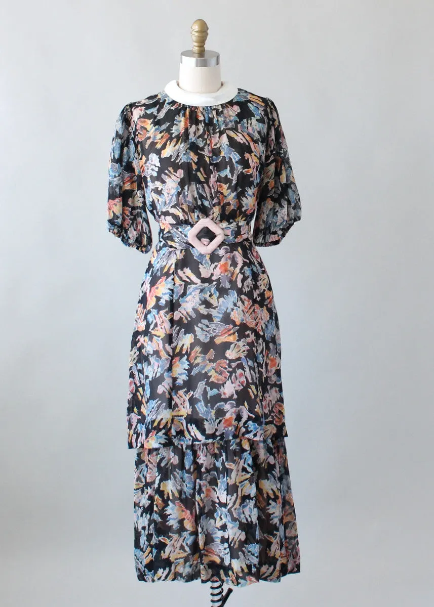 Vintage 1930s Abstract Print Silk Chiffon Dress