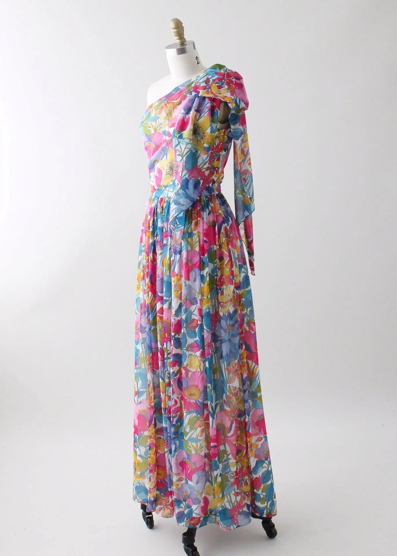 Vintage 1970s One Shoulder Floral Chiffon Summer Dress